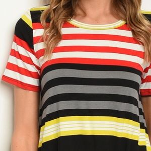 Black + red multicolor striped jersey tunic top